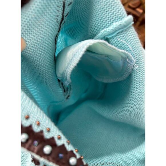 Vintage Sweater Teal Brown Leather Pearls Beads Western Button-up Cardigan Large - Picture 9 of 10